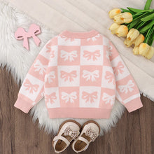 Load image into Gallery viewer, Baby Toddler Girls Sweater Bow Print Contrast Color Checkered Crew Neck Long Sleeve Baby Pullover Fall Top
