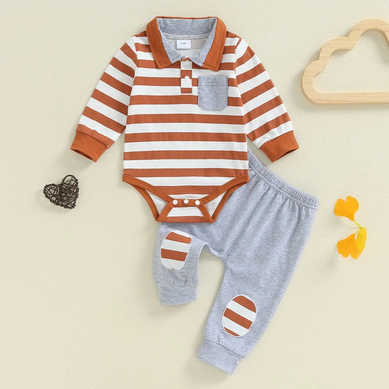 Baby Boys 2Pcs Fall Outfit Stripe Turn-Down Collar Long Sleeve Romper Elastic Waist Long Pants Set