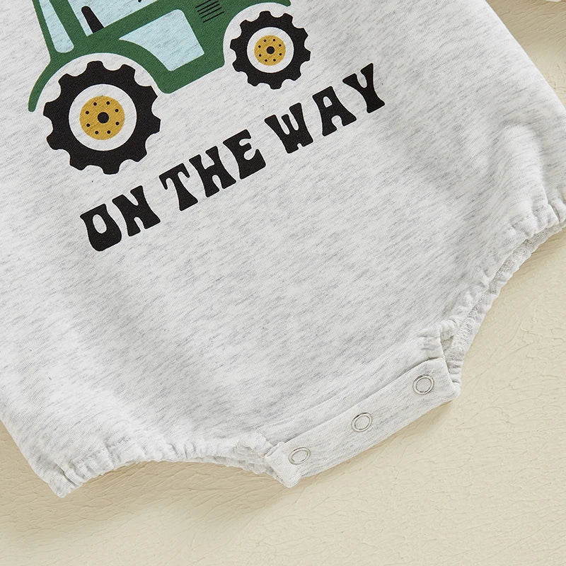 Baby Boy Farm Help On The Way Romper Casual Farm Tractor Print Long Sleeve Jumpsuit