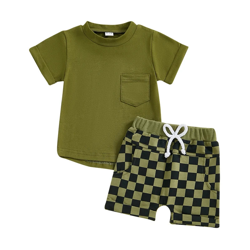 Baby Toddler Boys 2Pcs Summer Outfit Solid Color Short Sleeve Top T-Shirt Checkered Shorts Set