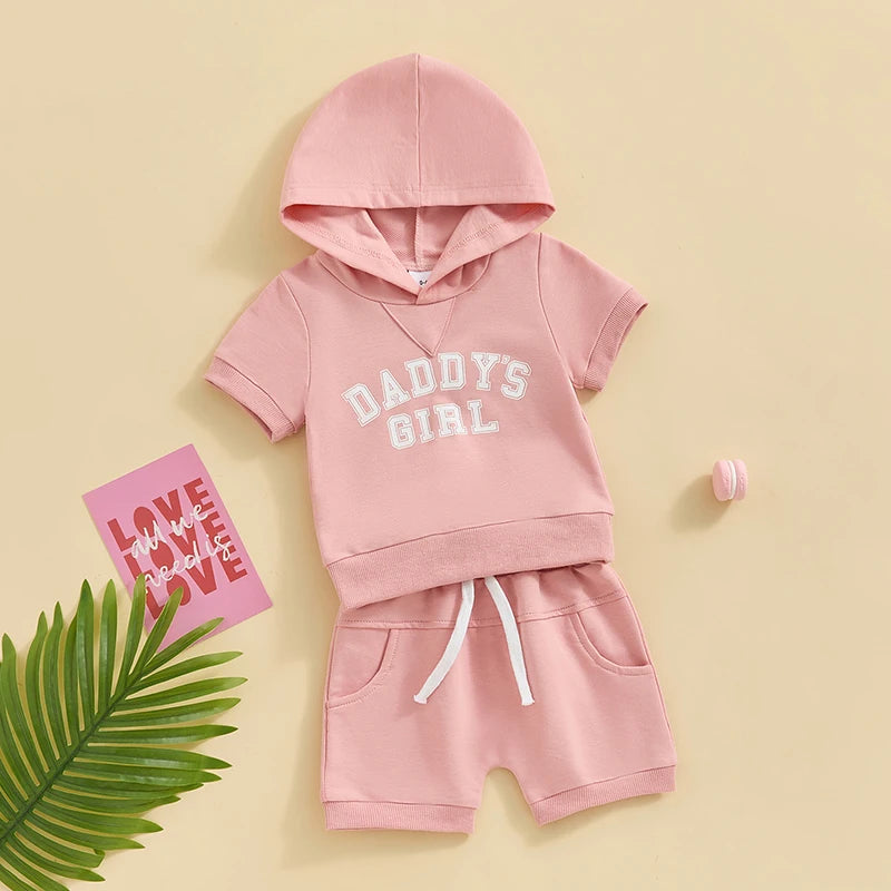 Toddler Baby Boy Girl 2Pcs Daddy's Girl / Mama's Lil Dude / Auntie's Bestie Letter Print Short Sleeve Hooded Top Solid Shorts Outfit Set