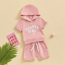 Load image into Gallery viewer, Toddler Baby Boy Girl 2Pcs Daddy&#39;s Girl / Mama&#39;s Lil Dude / Auntie&#39;s Bestie Letter Print Short Sleeve Hooded Top Solid Shorts Outfit Set
