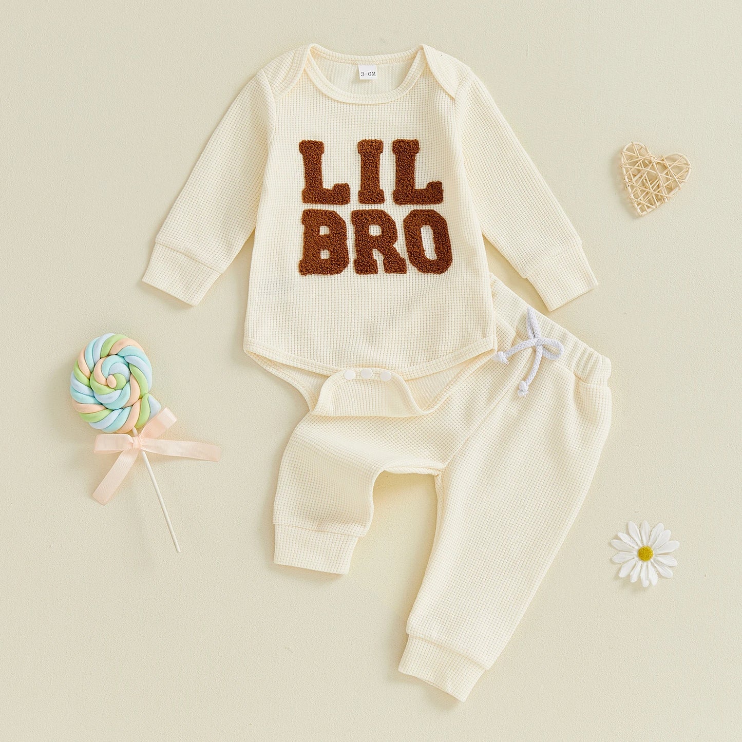 Baby Boy 2Pcs Lil Bro Outfit Waffle Letter Embroidered Ribbed Crew Neck Long Sleeve Romper and Jogger Pants 2 Pcs Set