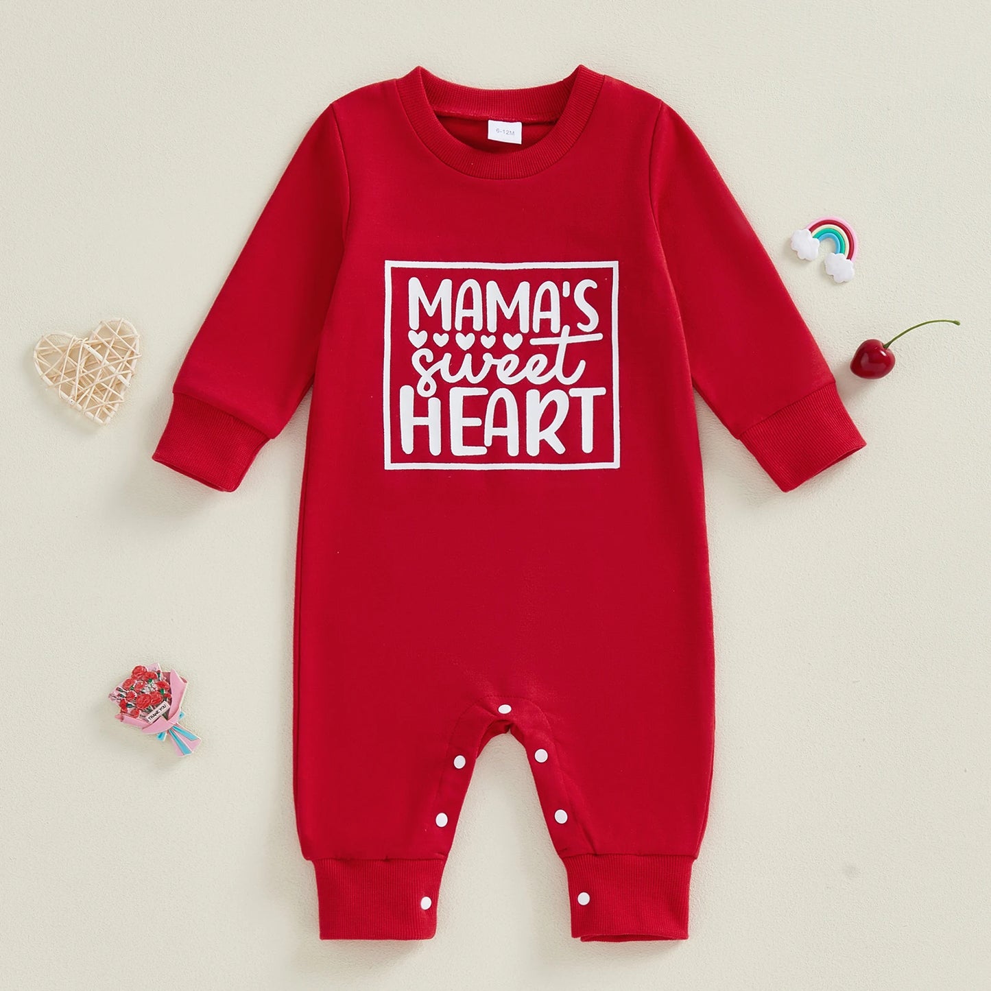 Baby Boy Girl Mama's Sweet Heart Valentine's Day Romper Crew Neck Long Sleeve Letters Heart Print Jumpsuit