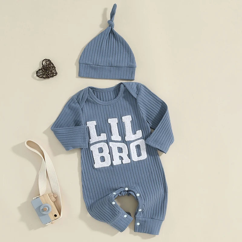 Baby Boy 2Pcs Lil Bro Jumpsuit and Hat Set Long Sleeve Round Neck Letter Print Ribbed Romper with Beanie Outfit