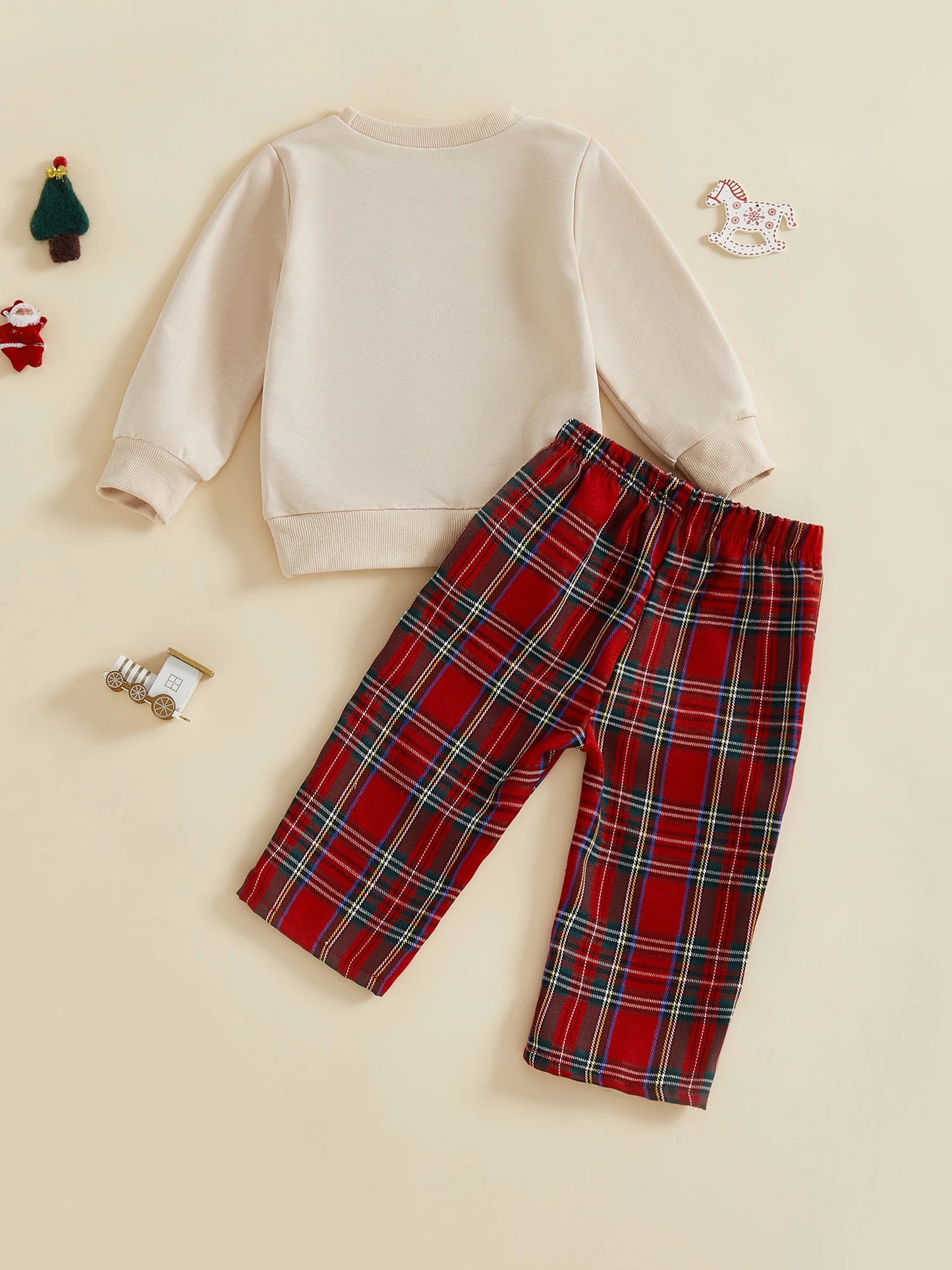 Baby Toddler Boys 2Pcs Christmas Outfits Long Sleeve Train Tree Embroidery Top + Plaid Pants Set Winter Clothes