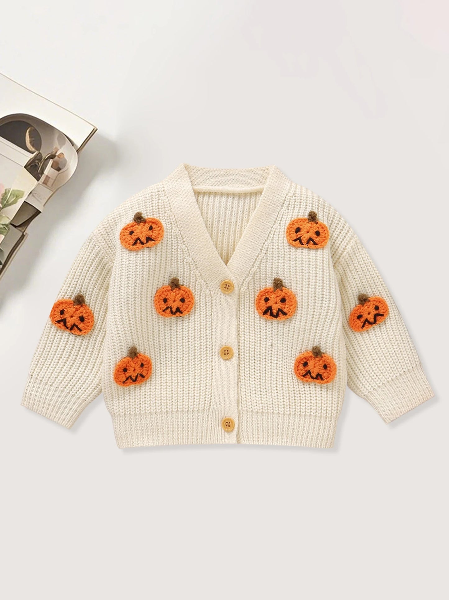 Baby Toddler Boys Girls Knit Cardigan Cute Halloween Pumpkin Embroidery Fall V Neck Long Sleeve Button Up Sweater Top