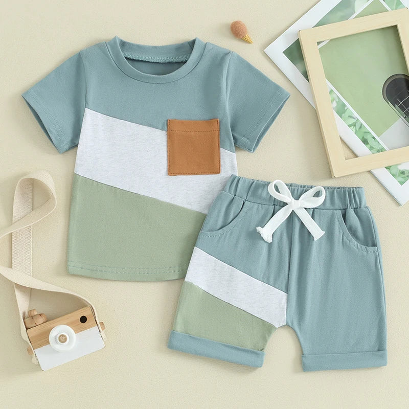 Baby Toddler Boys 2Pcs Shorts Set Contrast Color Short Sleeve Top Pocket with Elastic Waist Shorts Set Summer Spring Outfit