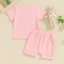 Load image into Gallery viewer, Toddler Baby Girls 2Pcs Easter Bunny Babe / Hunny Bunny Shorts Sets Short Sleeve Letter Embroidery Top Solid Color Shorts Outfit
