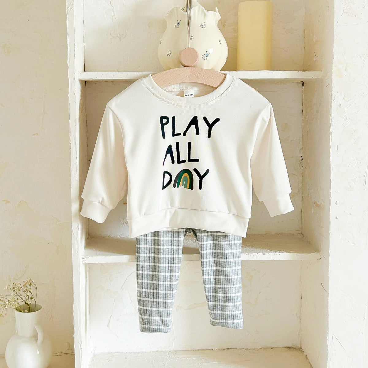 Baby Toddler Boys Girls 2Pcs Play All Day Words Letters Rainbow Print Pullover Top + Striped Pants Outfit Set