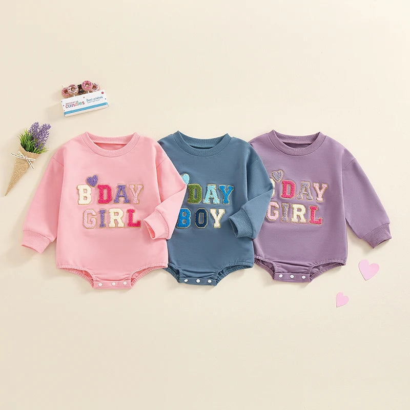 Baby Girl Boy BDAY GIRL / BOY Birthday Romper First Birthday Long Sleeve Round Neck Letter Embroidery Bodysuit Playsuit