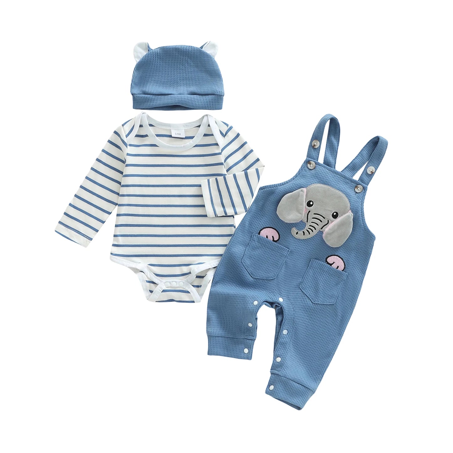 Baby Boys 3Pcs Outfit Set Long Sleeve Crew Neck Striped Romper Elephant Embroidery Suspender Pants Hat