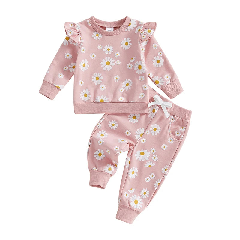 Baby Toddler Girls 2Pcs Spring Fall Outfit Daisy Print Ruffle Long Sleeve Pullover Top Elastic Waist Jogger Pants Set