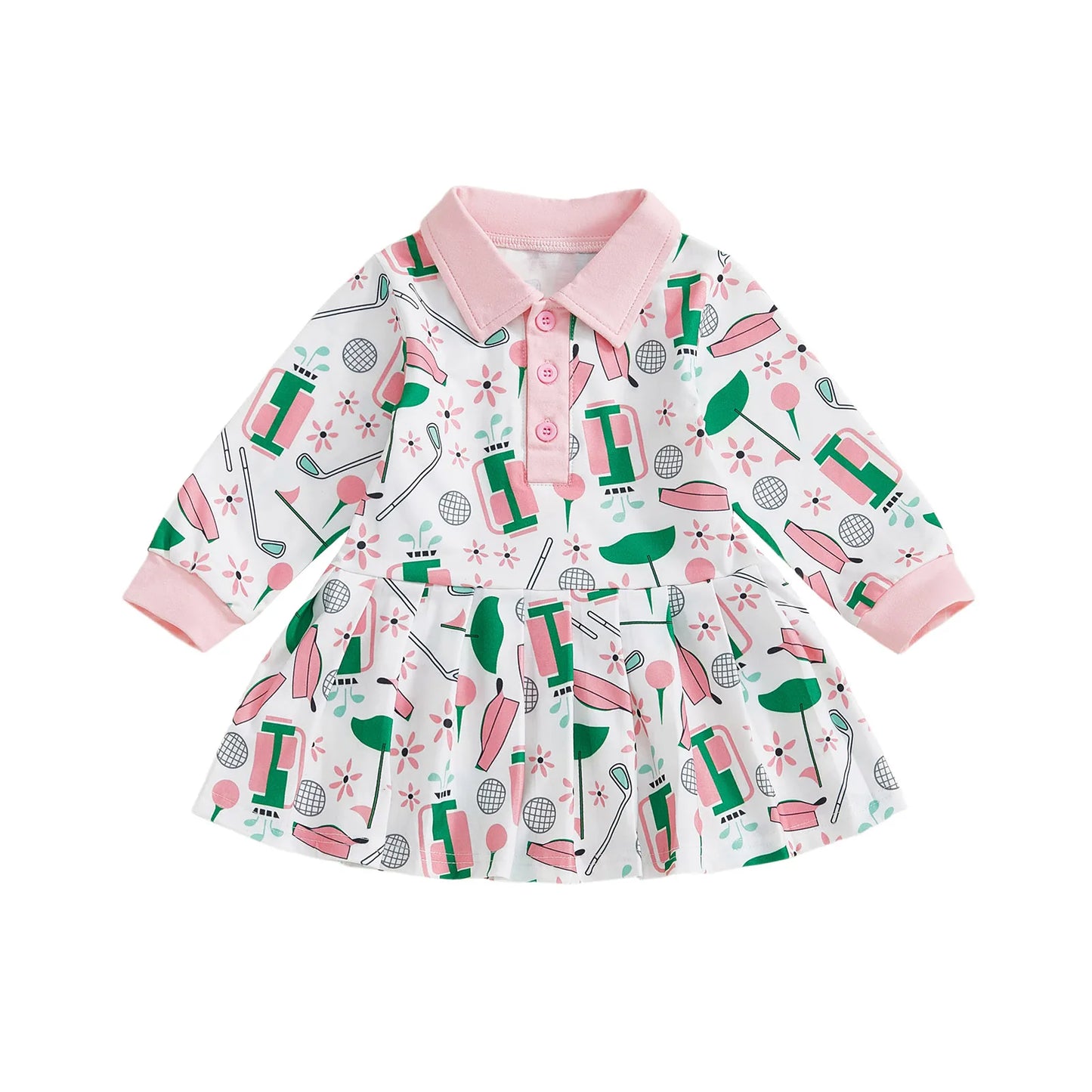 Baby Toddler Girl Golf Print Dress Lapel Button Front Long Sleeves A Line Dress