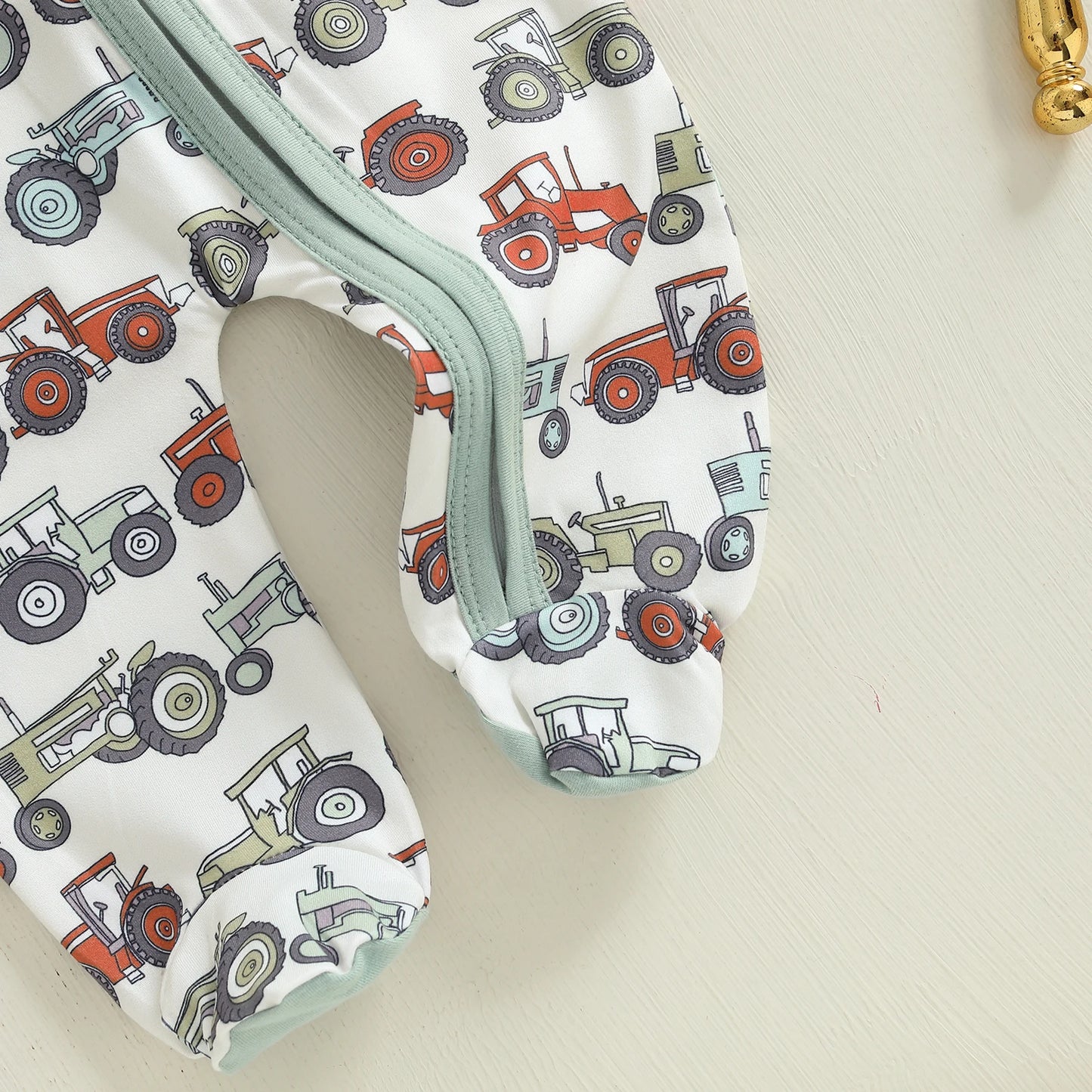 Baby Boys 2Pcs Fall Footed Romper Cute Tractor Pattern Round Neck Long Sleeve Zipper Jumpsuit with Hat Set