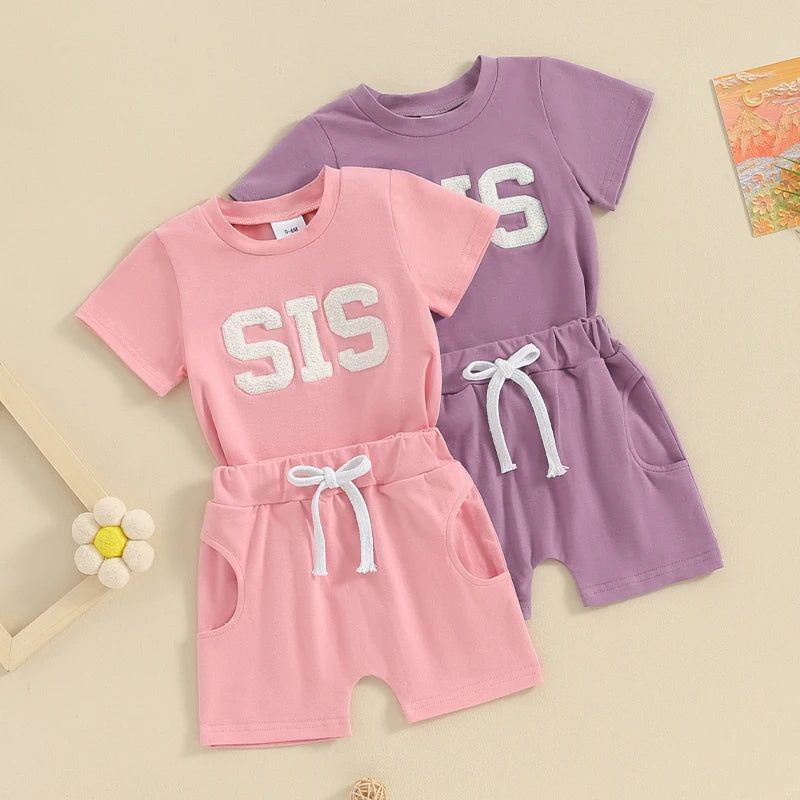 Baby Toddler Girl 2Pcs SIS Spring Summer Clothes Short Sleeve Letter Embroidery Top Drawstring Shorts Outfit Set Siblings Sister