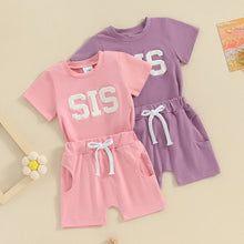 Load image into Gallery viewer, Baby Toddler Girl 2Pcs SIS Spring Summer Clothes Short Sleeve Letter Embroidery Top Drawstring Shorts Outfit Set Siblings Sister
