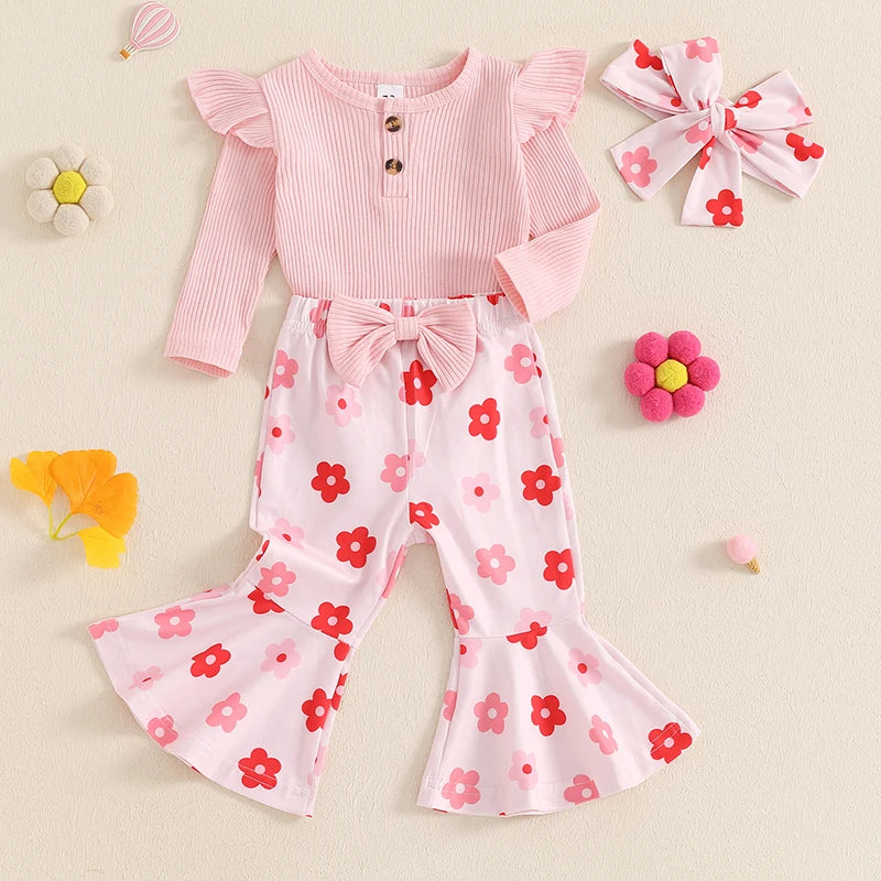 Baby Girl 3Pcs Fall Outfit Solid Color Ribbed Knit Long Sleeve Ruffle Shoulder Romper Flower Flared Pants Headband Set