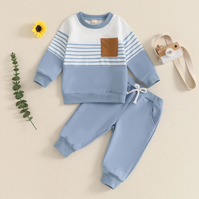 Baby Toddler Boys 2Pcs Outfit Long Sleeve Stripes Top with Elastic Waist Pants Fall Jogger Set