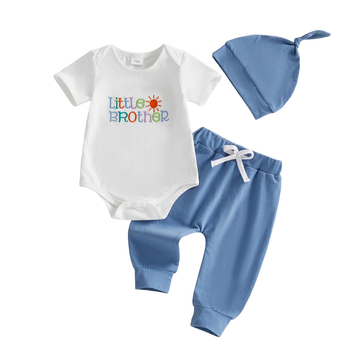 Baby Boys 3Pcs Little Brother Clothing Set Fashionable Short Sleeve Letters Embroidery Romper with Jogger Pants Hat Outfit