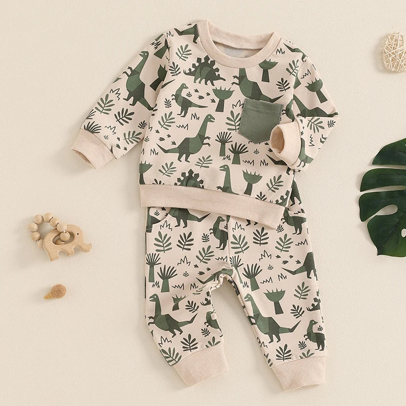 Baby Toddler Boys 2Pcs Outfit Long Sleeve Dinosaur Print Top with Elastic Waist Pants Fall Outfit Set