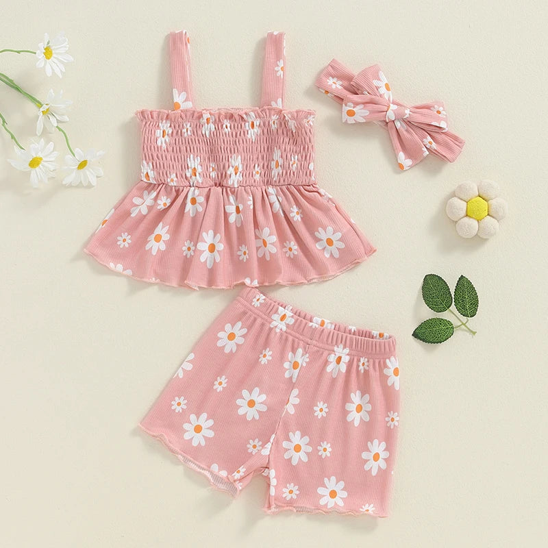 Baby Toddler Girls 3Pcs Outfit Sleeveless Daisy Flower Print Baby Doll Tank Top Shorts Headband Set