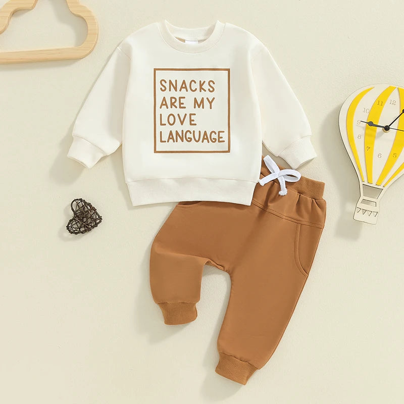 Baby Toddler Boys Girls 2Pcs Snacks Are My Love Language Long Sleeve Crew Neck Letters Print Top with Elastic Waist Pants Set