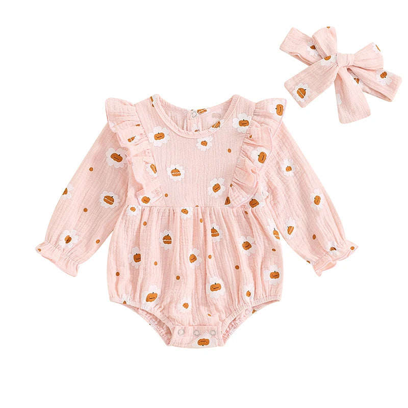 Baby Girls 2Pcs Halloween Thanksgiving Outfit Long Sleeve Pumpkin Flower Pie Print Romper with Headband Set