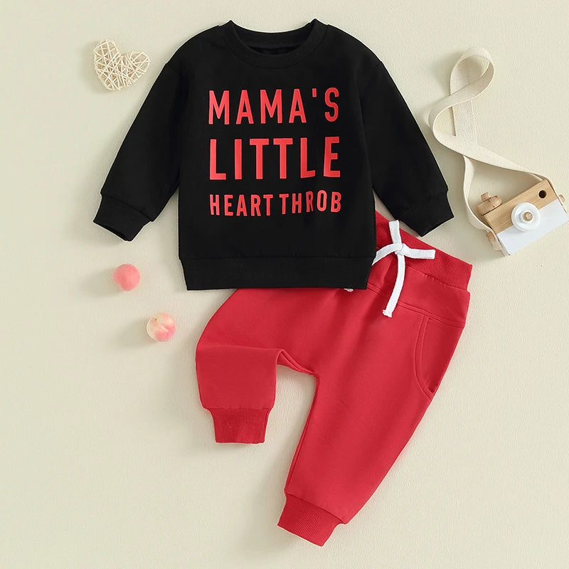 Baby Toddler Boy Girl 2Pcs Valentine's Day Outfits Long Sleeve Crewneck Mama's Little Heart Throb Letter Print Top Jogger Pants Clothes Set