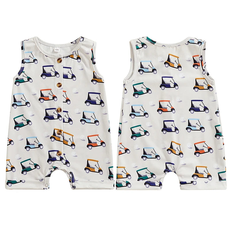 Baby Girls Boys Romper Golf Cart Print Sleeveless Button Up Crew Neck Jumpsuit