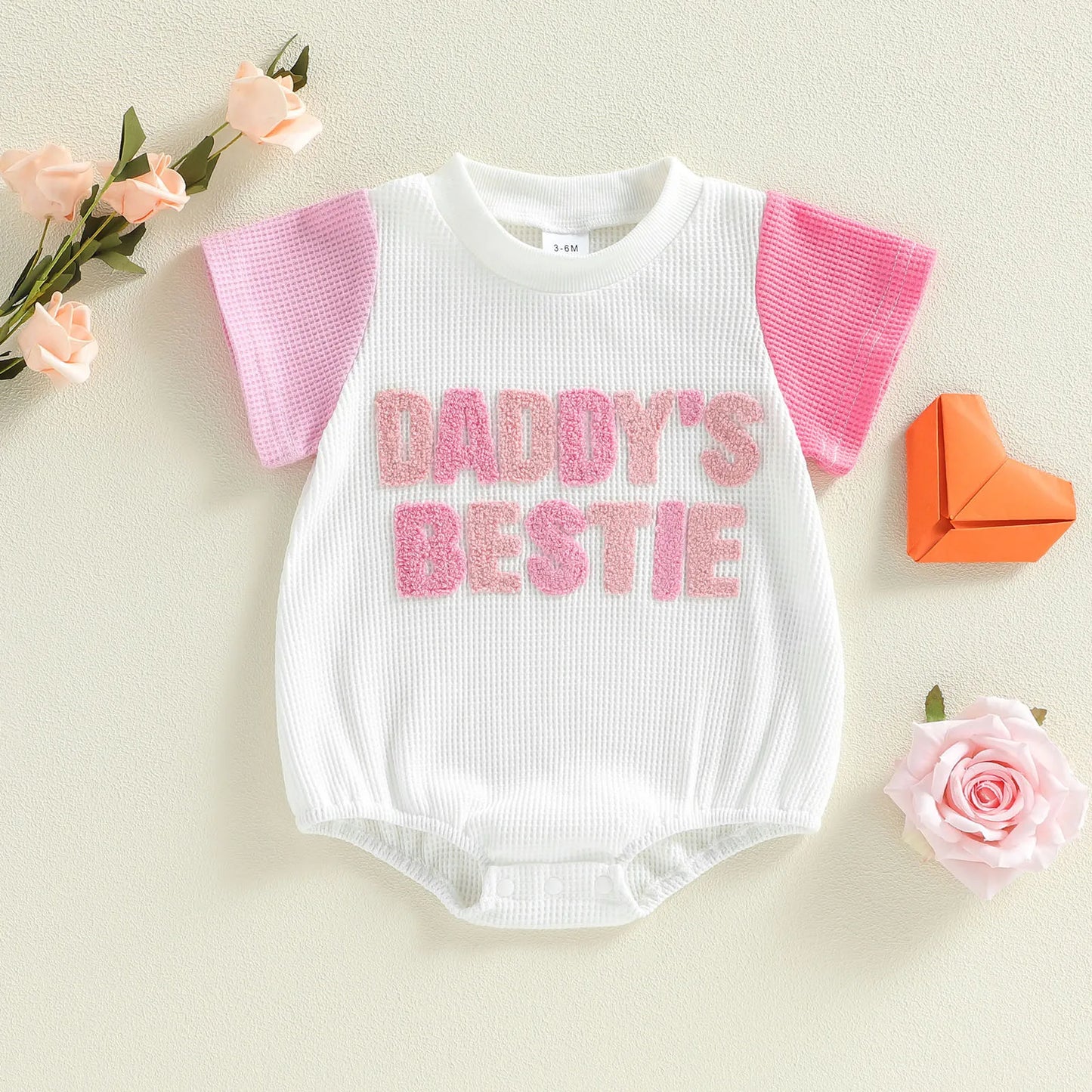 Baby Girls Daddy's Bestie Summer Romper Fashionable Letters Embroidery Short Sleeve Round Neck Jumpsuit