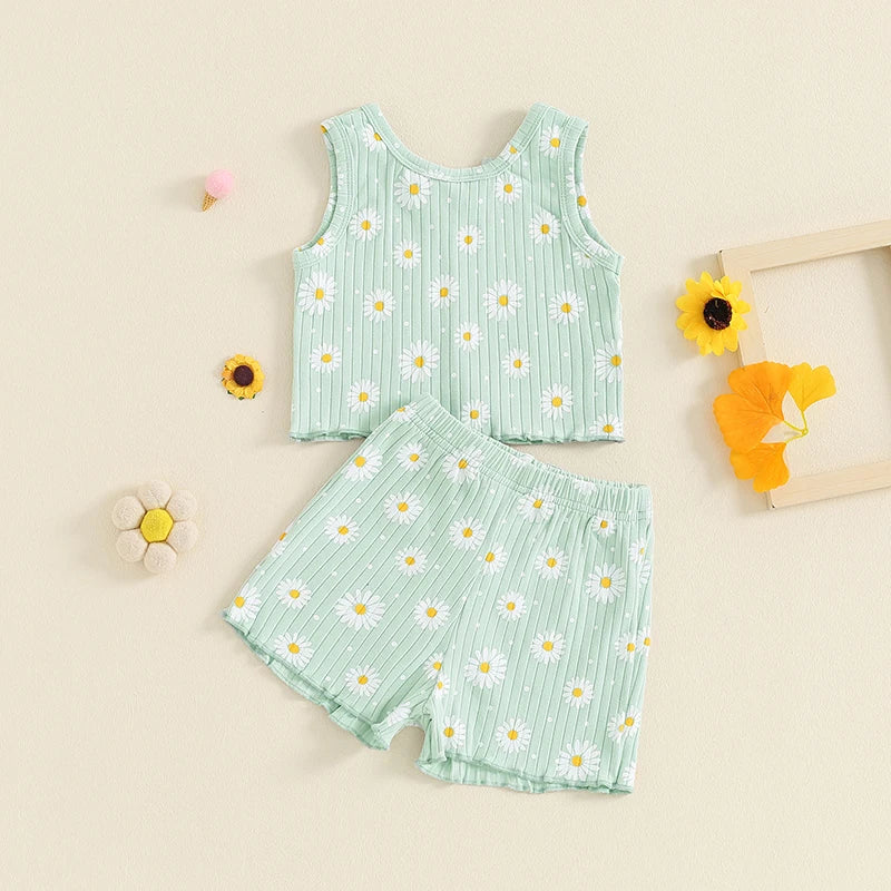 Baby Toddler Kids Girls 2Pcs Summer Clothes Set Sleeveless U Neck Flower Daisy Print Tank Top Shorts Set