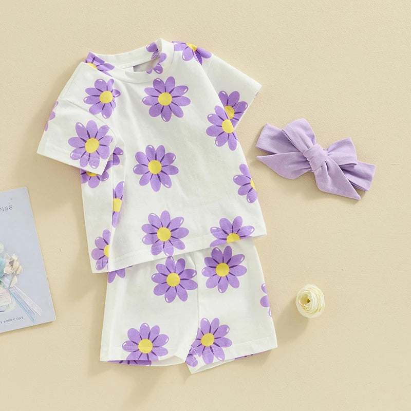 Toddler Baby Girl 3pcs Flower Outfit Summer Floral Print Short Sleeve Top Shirt Shorts Headband Clothing Set