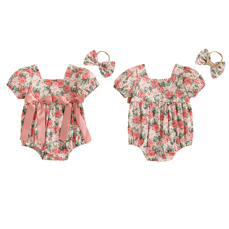 Baby Girls 2Pcs Romper Floral Print Short Sleeve Bodysuit Jumpsuit with Bow Headband Set