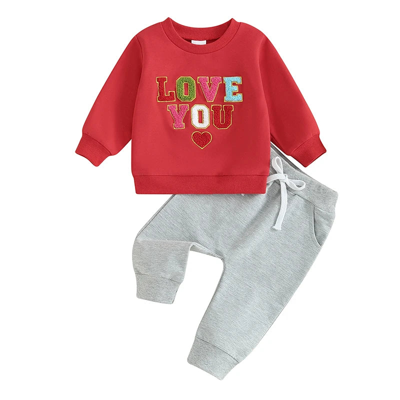 Toddler Baby Boys Girls 2Pcs Valentine's Day Outfits Letter Fuzzy LOVE YOU heart Embroidered Long Sleeve Top With Pants Set