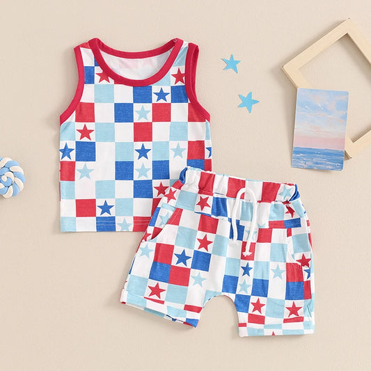 Toddler Baby Boy 2Pcs 4th of July Outfit Star Print Round Neck Sleeveless Tank Top Checkerboard Elastic Waist Shorts Summer Set