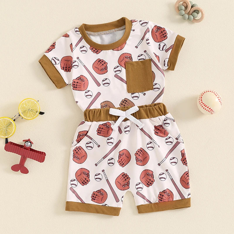 Baby Toddler Boys 2Pcs Baseball Print Short Sleeve Top with Elastic Waist Shorts Summer Outfit Set