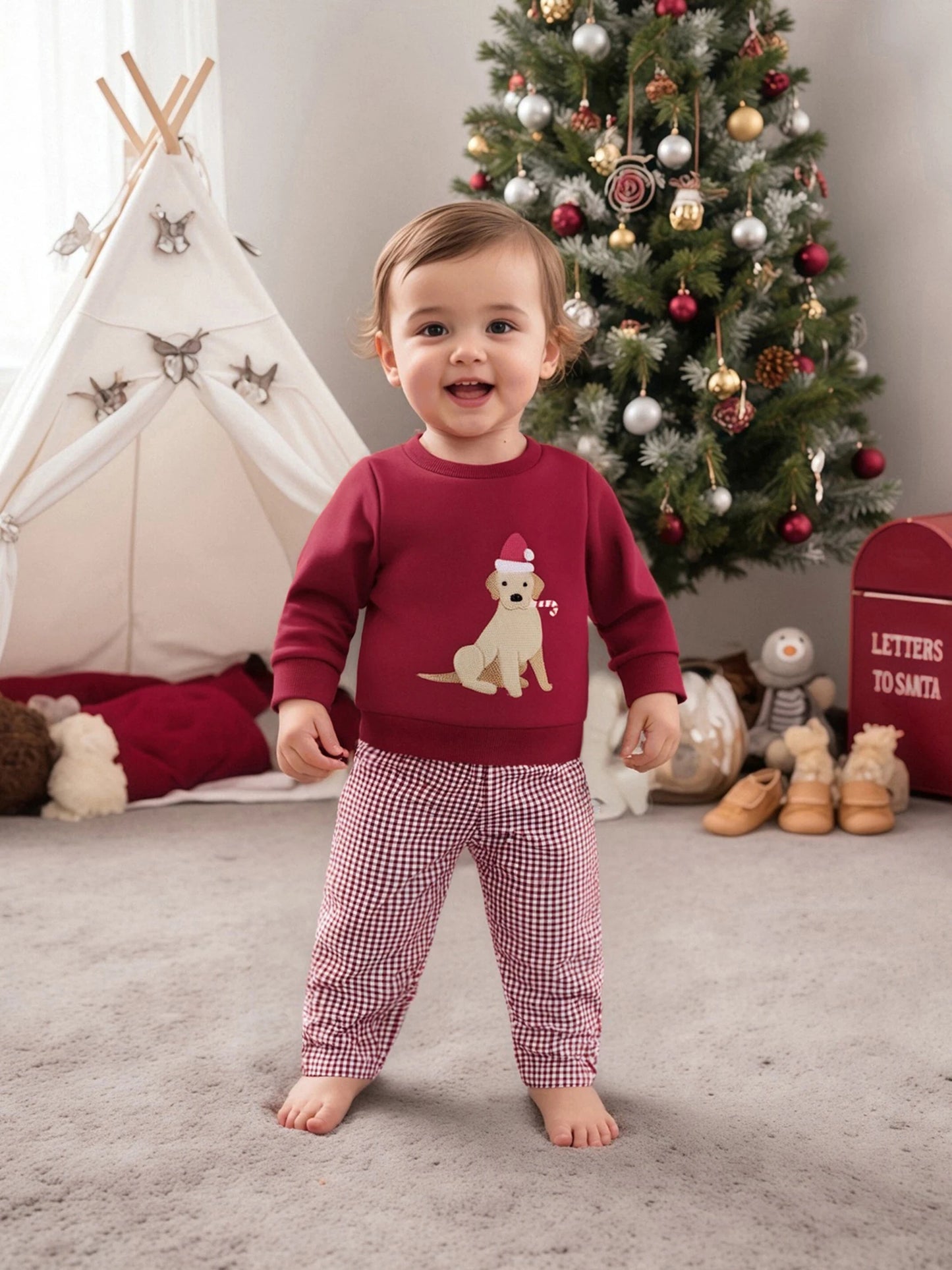 Baby Toddler Girls Boys 2Pcs Christmas Outfit Dog Embroidered Crew Neck Long Sleeve Top and Plaid Pants Set