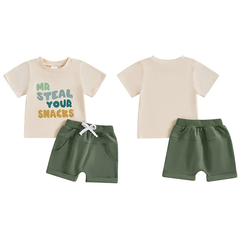 Baby Toddler Boys 2Pcs Mr Steal Your Snacks Set Letter Print Short Sleeve T-shirt Top Solid Elastic Waist Shorts Spring Summer Outfit