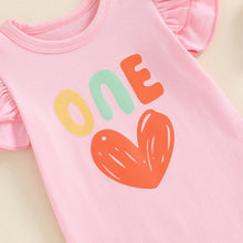 Load image into Gallery viewer, Baby Girls ONE Jumpsuit Fly Sleeve Crew Neck Letters Heart Print Birthday Romper
