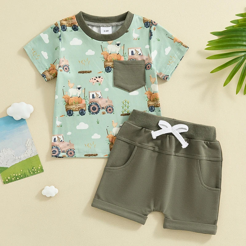 Baby Toddler Boy 2Pcs Summer Outfit Truck Tractor Print Short Sleeve Pocket Top with Solid Color Shorts Set