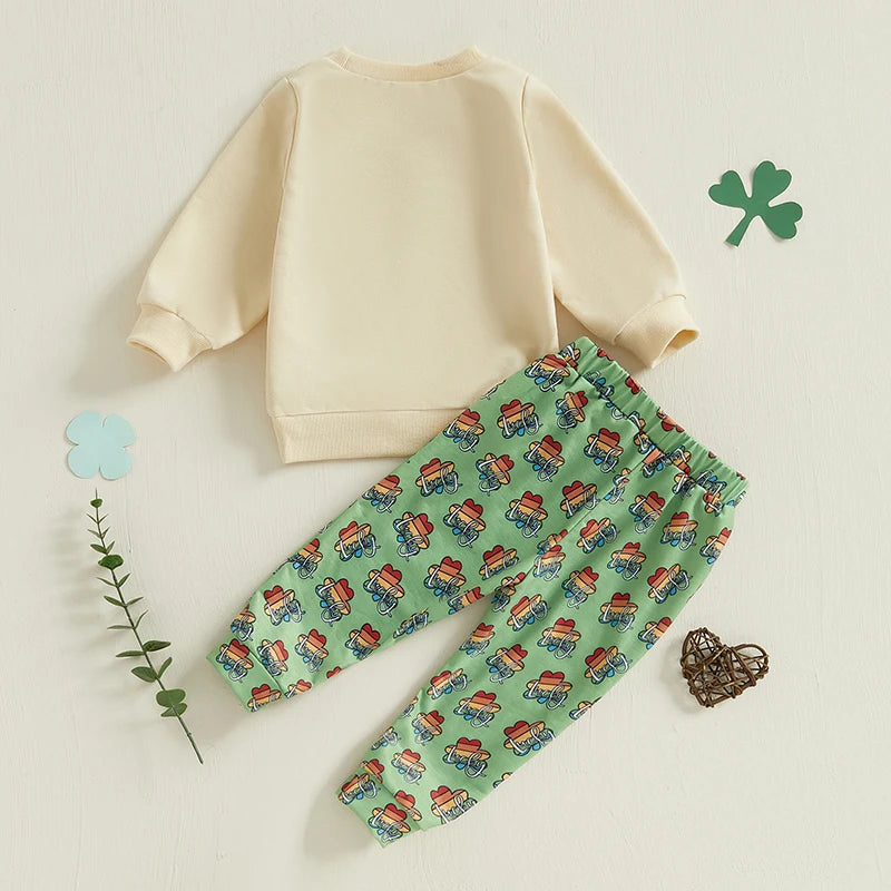 Baby Toddler Boys 2Pcs St. Patrick's Day Outfit Long Sleeve Lucky Rainbow Shamrock Print Crewneck Top + Pants Jogger Set