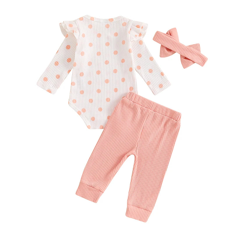 Baby Girls 3Pcs Fall Outfit Long Sleeve Polka Dots Print Romper with Pants and Headband Clothing Set