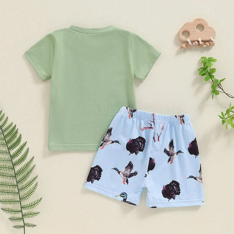 Baby Toddler Boys 2Pcs Summer Outfit Duck Print Short Sleeve Top Pocket Elastic Waist Shorts Set