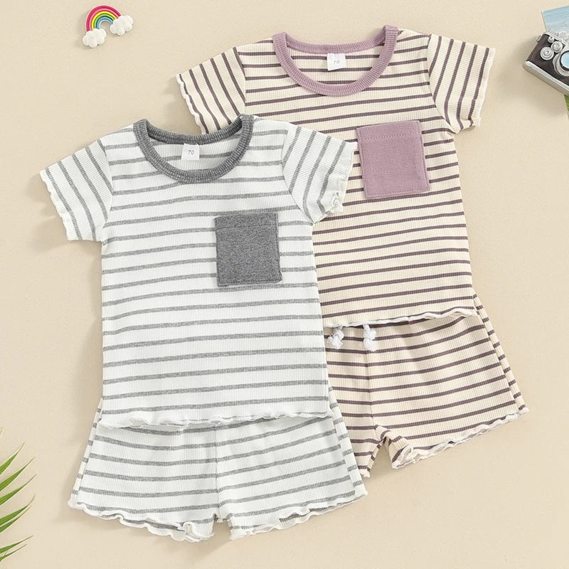 Baby Toddler Girl 2Pcs Summer Outfits Ruffles Short Sleeve Striped Top with Pocket T-Shirt + Matching Shorts Set