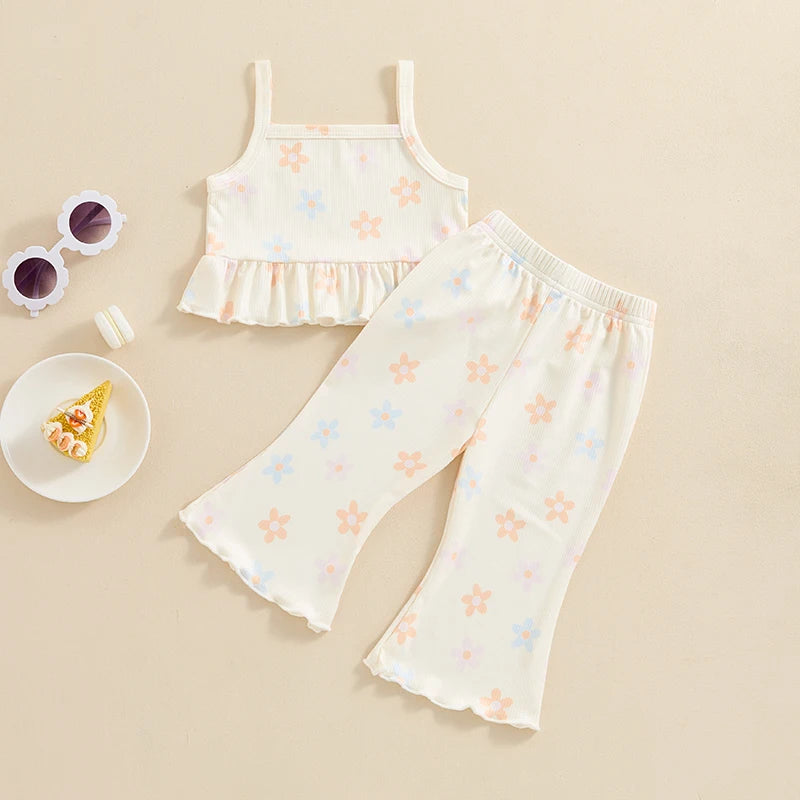 Baby Toddler Girls 2Pcs Clothes Set Flower Print Sleeveless Tank Top Camisole with Flare Pants Summer Outfit