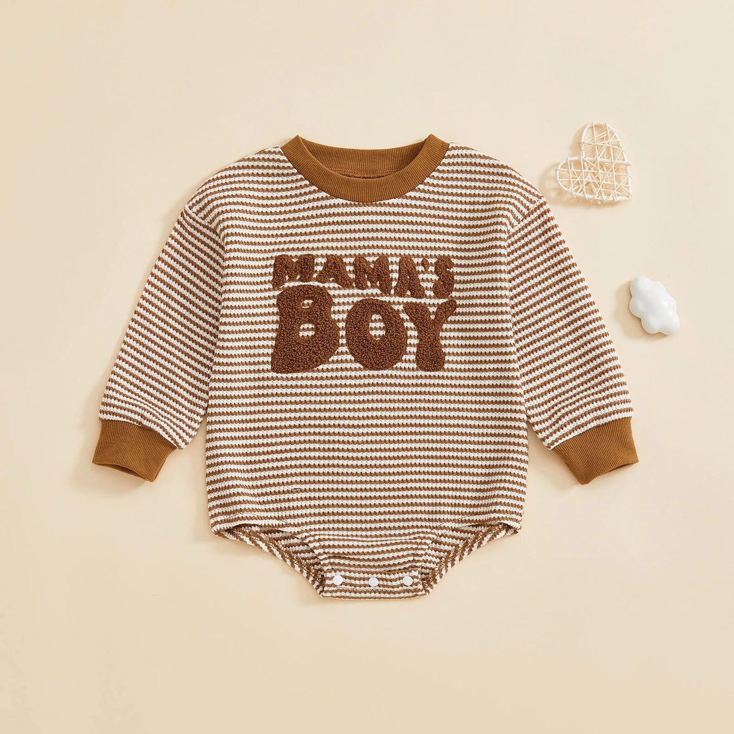 Baby Boy Romper Long Sleeve Crew Neck Striped Embroidery Mama's Boy Letters Fall Bodysuit