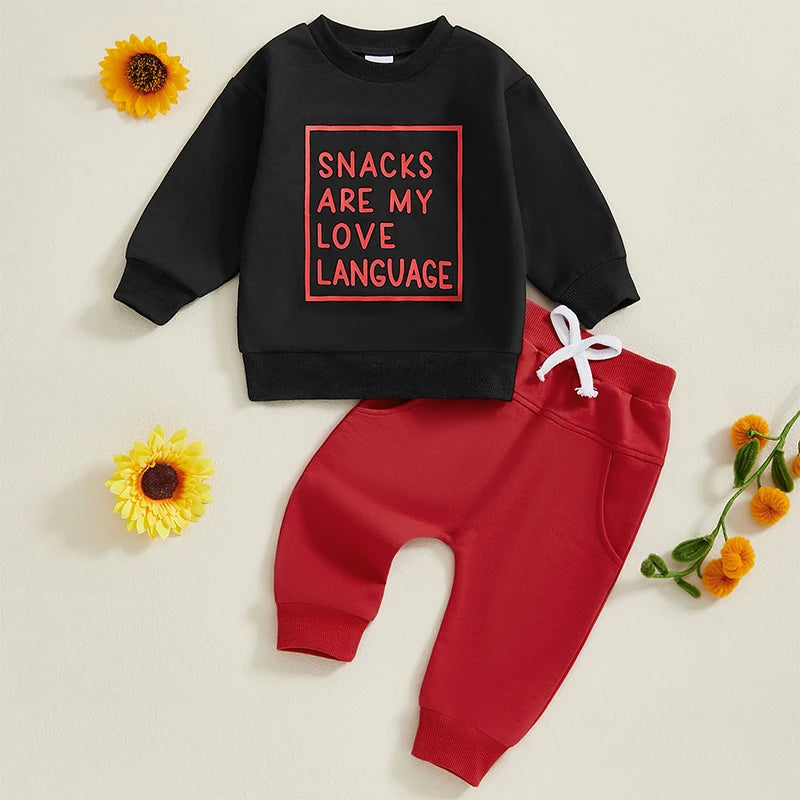 Baby Toddler Boys 2Pcs Snacks Are My Love Language Fall Outfit Letter Print Long Sleeve Top and Long Pants Jogger Set