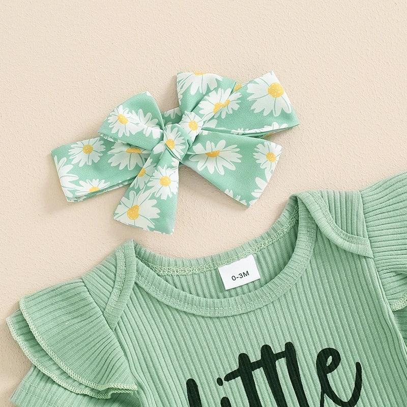 Baby Toddler Girls 3Pcs Summer Set Little Sister Letter Print Short Sleeve Romper Flower Daisy Print Shorts with Headband Outfit