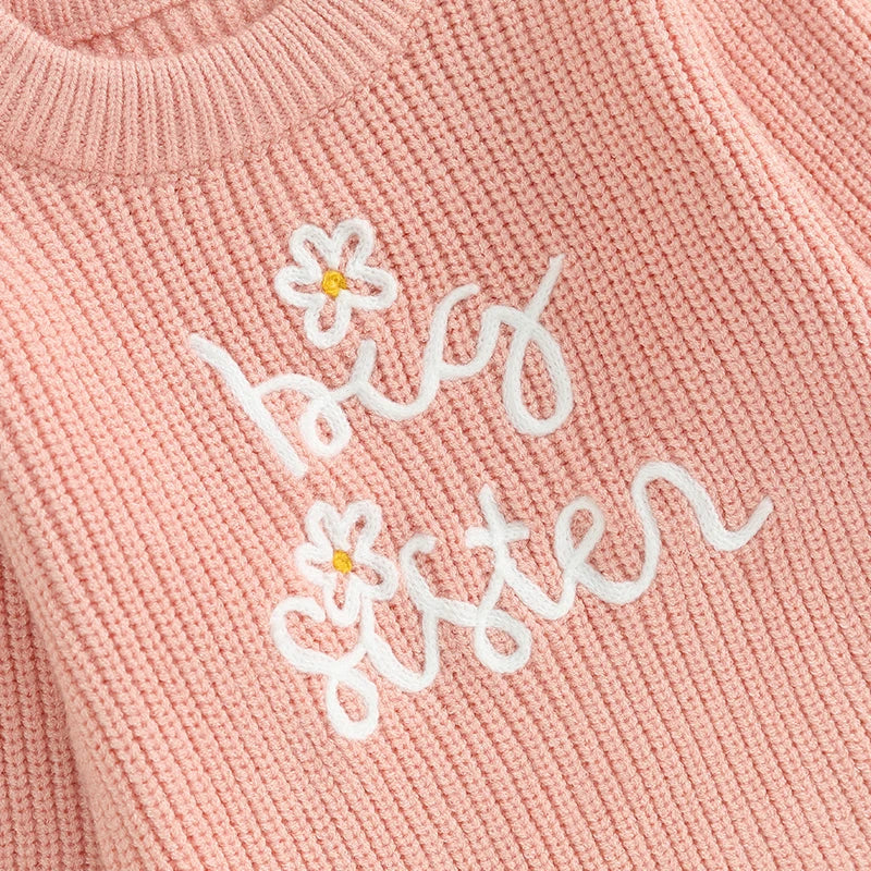 Baby Toddler Kids Girls Sweaters Lil Sister Letter Flower Embroidery Knitted Loose Long Sleeve Top